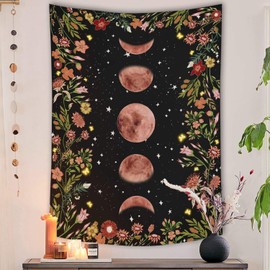 Rexful Moonlit Garden Tapestry, Moon Phase Surrounded by Plants and Flowers Black Wall Hanging Blanket 36×48 inch