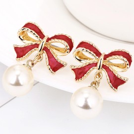 Bow Earrings for Women Trendy Stuff Cute Bow Pearl Drop Dangle Earrings Bowknot Stud Bow Earrings for Women Wedding Party Daily Jewelry Accessory Gifts Stocking Stuffers for Women(Red)
