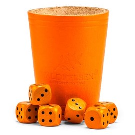 WALDFELSEN® Genuine Leather Dice Cup (9 cm) with 6 Wooden Dice (16 mm) Made of Beech Wood Leather Cup Dice Set Eye Cube Game Dice (Color : Orange)