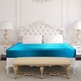 sourcing map Satin Fitted Sheet, Solid Silky 12" Deep Pocket Bed Sheet, Soft and Breathable Satin Bed Fitted Sheet Peacock Blue Single (99 x 190cm)