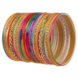 NEW! Touchstone"Gorgeous Rainbow Bangle Collection". Indian Bollywood Colorful Bangle Bracelets. Set of 24. In Antique Gold Tone For Women.