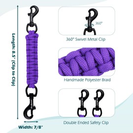PetBonus Dog Collar Safety Clip, Handmade Backup Safety Strap for Dog Harness, Double Ended Clasp Leash Connector (Purple)