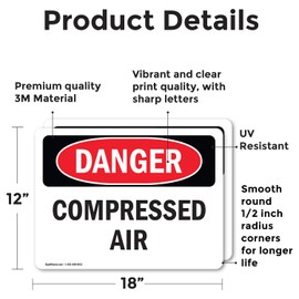 (2 Pack) Compressed Air OSHA Danger Sign 18 Inch X 12 Inch Vinyl Label Decal Sticker Weather Resistant, UV Protected for Workplace, Business, and Construction Site, Made in the USA