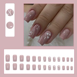 24 Pcs Lotus Pink Press on Nails Medium Square - SHANRUN Fake Nails Press ons Nail Art Tips Glue on Nails Full Cover False Nails with French Heart Glitter Design Stick on Nails Acrylic Kit for Women