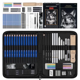 Prina 50 Pack Drawing Set Sketch Kit Sketching Supplies with 3-Color Sketchbook
