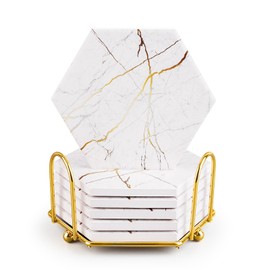 Marble Coasters for Drinks Absorbent with Cork Base, 6pcs Drink Coasters for Wooden Table with Metal Holder, Gold Ceramic Cup Coaster Set Home Decor for Housewarming (Luxury White Gold Marble 05)