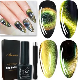 AHAMIOU 9D Cat Eye Gel Nail Polish Magnetic Nail Polish Holographic Cats Eyes Gel Nail Polish Gel with Chameleon Magic Effect with Magnet Stick (Yellow&Green)