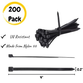 Bates- Cable Zip Ties, 200 Pack, 4 Inch, Zip Ties, Zipties, Cable Tie, Plastic Ties, Tie Wraps, Electrical Cable Ties, Plastic Zip Ties, Black Zip Tie, Plastic Straps, Wire Ties, Cord Ties