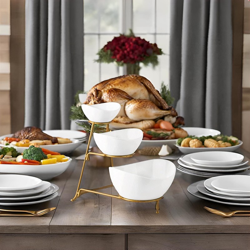 Gomakren 3 Tiered Oval Serving Bowl with Collapsible Metal Rack,