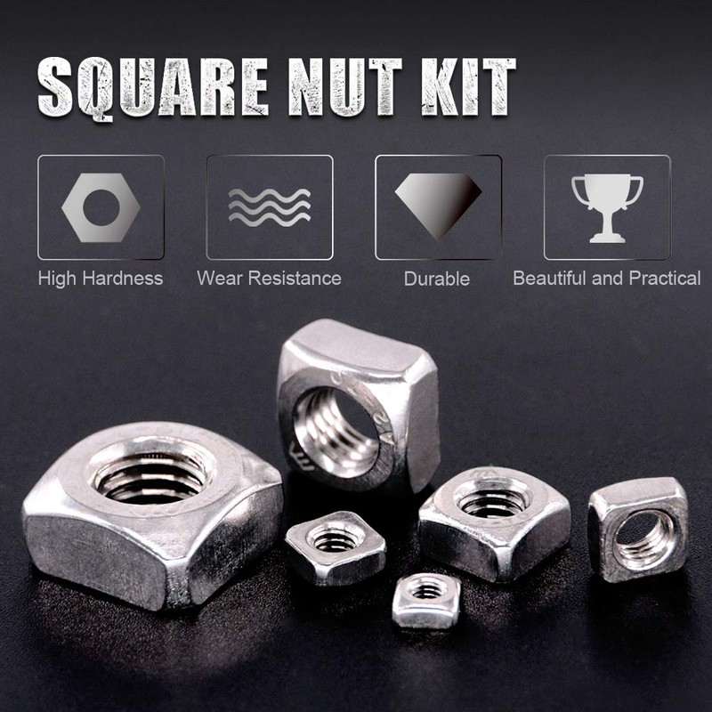 Swpeet 220Pcs 304 Stainless Steel 6 Sizes Metric Square Nuts