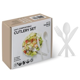 Compostable Cutlery Set | Compostable Bamboo Utensils, Disposable Cutlery Set - Compostable Forks & Bamboo Spoons | Biodegradable Cutlery Serving Utensils Picnics | 180 Counts