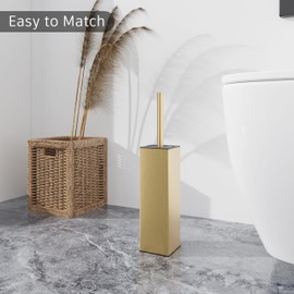 BVL Brushed Gold Toilet Brush, Square Silicon Toilet Brush and Holder, Free Standing Toilet Brush Including 2 Quick Drying Brush Heads