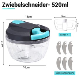 Onion Cutter 520 ml Vegetable Cutter Manual Onion Chopper Onion Chopper Chopper Chopping & Mixing for Vegetables, Additional 3 Stainless Steel Blades and 1 Mixer (Grey Blue)