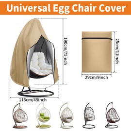 Teynewer Patio Hanging Egg Chair Cover, Outdoor Single seat Cocoon Swing Egg Chair Cover Waterproof with Zipper, 210D Heavy Duty Veranda Garden large Cover for egg chair on stand 190 x 115 cm, Khaki
