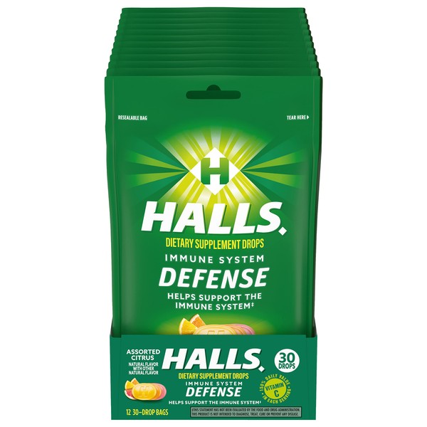 HALLS Defense Assorted Citrus Vitamin C Drops, Dietary Supplement Drops, 12 Bags of 30 Drops (360 Total Drops)