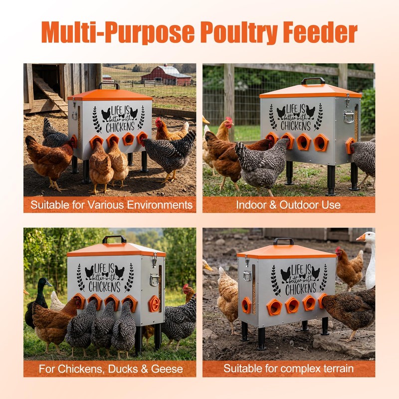 95LB Extra-Large Chicken Feeder with 10 No-Waste Ports – Galvanized