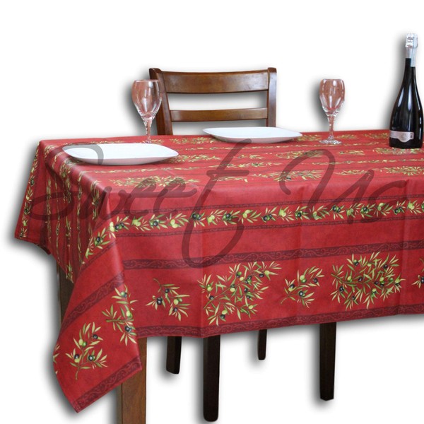 La Cigale Wipeable Tablecloth Spill Resistant Acrylic Coated Floral Cotton French Provencal Tablecloth for Square Tables 60 x 60 inches, Red Olive Stripes