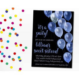 Royal Blue & Black Sweet 16 Invitations With Envelopes, Blue Sweet 16 Invitations