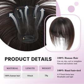 SEA SINGING Hair Toppers for Women Real Human Hair with Bangs Hand-stitched 360°3D Coverage Natural for Thinning HairPieces for Women with Thinning Hair Swiss Base 10inch(2#)
