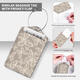 OZVE 2 Pack Luggage Tag for Suitcase Leather Travel Cruise Luggage Tag with Stainless Steel Loop Name ID Label Privacy Cover for Adults Teens Travel Bag Labels Set(Grey Butterfly)