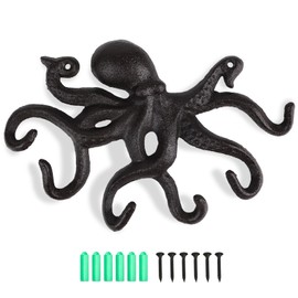 efuturetime Octopus Coat Hooks, Rustic Coat Hooks, Cast Iron Wall Hooks with Screws, Coat Hooks Wall for Hanging, Clothes, Keys, Hats, Bags, Dark Brown