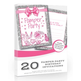 Olivia Samuel 20 x Pamper Party Invitations - Girl/Teen Birthday Invites - Pink and Photo Effect Silver Glitter Effect - A6 Postcard Size with envelopes