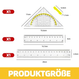 1 x Set Square 2 x Rulers - 3-Piece Drawing Set, Ruler 15 & 20 cm, Set Square [Includes Protractor] with Handle, Ideal for Drawing, Cartographing, Modelling