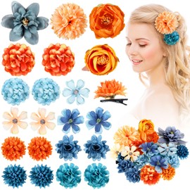 BBTO 21 Pieces Flower Hair Clip Rose Hair Clips Hair Barrettes for Women Flower Hair Accessories Boho Bride Claw Clip Hairpin Brooch Pin Headpiece for Wedding(Orange Blue Series)