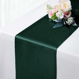 5 Pack Satin Table Runner, 12 x 108 Inch,Premium Silk Table Runners, Chair Sashes Bow, Washable Table Runners for Wedding Party Events Decoration,Birthday, Banquets (Dark Green)
