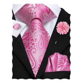 Hi-Tie Ties for Men Pocket Square Cufflinks Lapel Pin Mens Tie set Formal Wedding Business,Pink Paisley