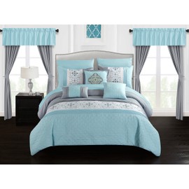 Chic Home Emily 20 Piece Comforter Set Color Block Floral Embroidered Bag Bedding-Sheets Window Treatments Decorative Pillows Shams Included, King, Aqua Blue