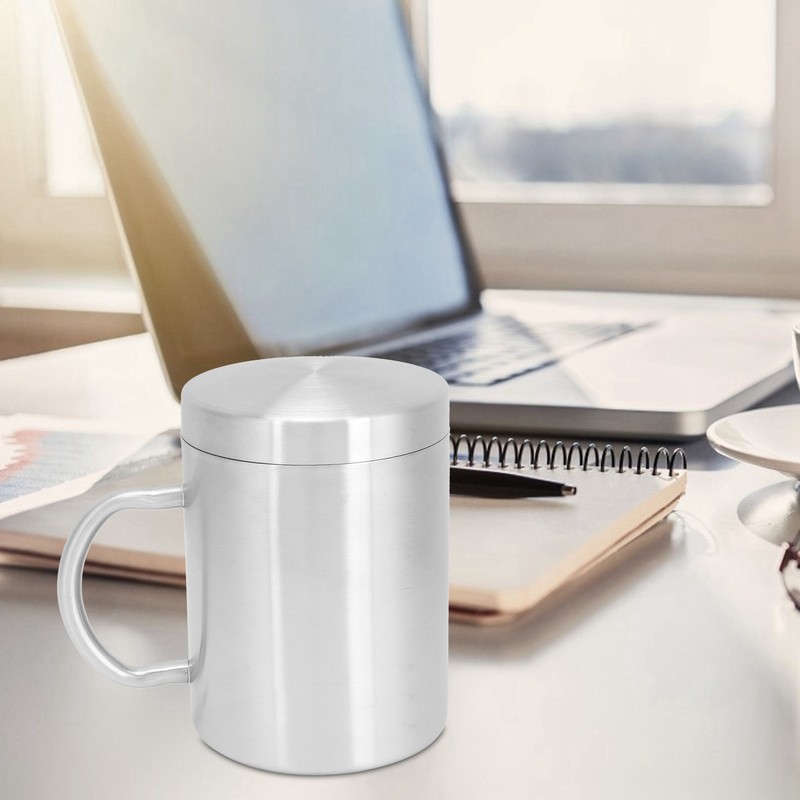 Stainless Steel Mug with Handle Lid DoubleLayer Heat Insulation Cup