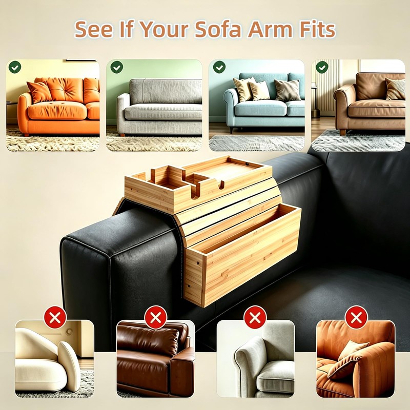 Bamboo Sofa Armrest Tray with Storage Pocket