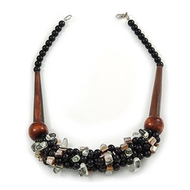 Avalaya Cluster Black Ceramic Beads, Natural Shell Nuggets Wood Bar Chunky Necklace - 48cm Long