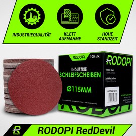 RODOPI RedDevil Velcro Sanding Discs 115 mm Grit 40-320 Sandpaper for Random Orbital Sanders Unperforated Zirconia Corundum Sanding Pads Round Velcro Disc - Pack of 100 Mix
