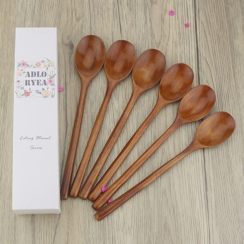 ADLORYEA Wooden Spoons, 6 Pieces 9 Inch Wood Soup Spoons
