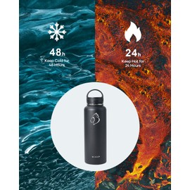 BUZIO Botella de agua con tapa de pajita, tapa de canalón, tapa de mano y bolsa de transporte, jarra de acero inoxidable de 1.2 l y 2 l, frasco que mantiene el frío por 48 horas y el calor por 24 horas, doble vacío, sin BPA, negro(Black 40), 40oz