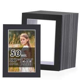 Falling in Art 50 Pack Black Acid Free Pre Cut Mats - 5x7 Picture Frame Mats for 4x6 Photos with Black Core Bevel Cut Matting for Prints, Artwork, and DIY Projects