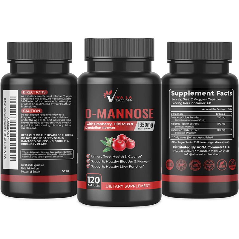 D-Mannose Supplement with Cranberry, Hibiscus, Dandelion Extract 1350mg – High-Strength