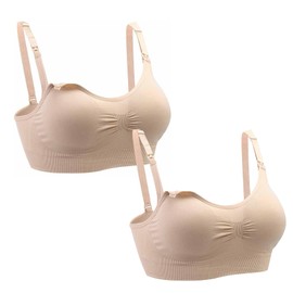 2 Pack Hands Free Pumping Bra - Nursing Bras for Maternity Breastfeeding Seamless Wirefree Push Up Bras Comfort Adjustable Wireless Pregnancy Sleep Bralette for Women Beige