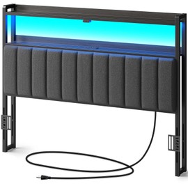 Rolanstar Headboard for Queen Size Bed with Storage, 60,000 DIY Color of LED Light, Head Board with USB & Type C Port, Height Adjustable, Black Upholstered Cabeceras de Cama Comfortable Modern, Linen