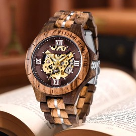 Tiong Men's Wooden Red Brown Mechanical Automatic Movement Wooden Watches, Retro Lightweight Men's Watch with Wooden Gift Box, Classic Wooden Watch as a Gift for Men