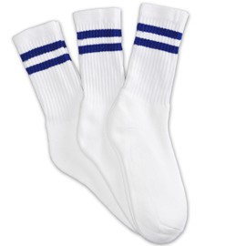 Impress'D Clothing 12 Pairs white unisex crew socks with two royal blue stripes classic retro old school (7-9)