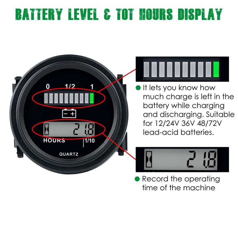 Yooreal 12/24V 36/48V 72V Golf Cart Battery Meter,Hour Meter&Battery Indicator