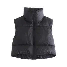 Fenclushy Women's Winter Warm Padded Crop Vest Lightweight Sleeveless Puffer Vest(Black,L)