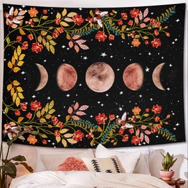Lifeel Moonlit Garden Tapestry, Moon Phase Surrounded by Vines and Flowers Black Wall Decor Tapestry 44×60 inches