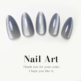 Gray Cat EyePresss on Nails Medium Almond Fake Nails Glossy Shiny Acrylic Nails Glitter Ombre Glue on Nails Solid Color Nails Press ons Short Almond Nails False Nails for Women 24Pcs