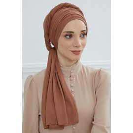 Aisha's Design Instant Hijab Scarves for Women, 95% Cotton Pretied Bonnet Turban & Jersey Shawl Head Wrap, Caramel Brown