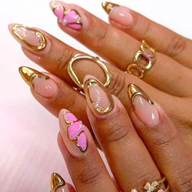 Medium Almond Press on Nails French Tip Fake Nails with Pearl Butterfly Wings Design Gold Glue on Nails Medium False Nails Almond Nails Press ons Glossy Acrylic Artificial Nails for Girls 24Pcs