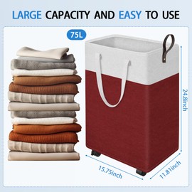 HomeHacks 75L Rolling Laundry Basket with Wheels, Collapsible & Waterproof Laundry Hamper, Mobile Clothes Hamper, Storage Laundry Bins with Handles for Laundry Room, Bedroom, Bathroom & Dorm, Red